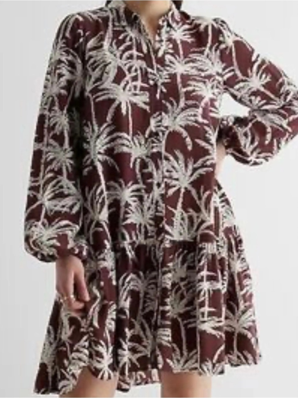 Express Palm-Print Long Sleeve Shirt Dress - White on Maroon